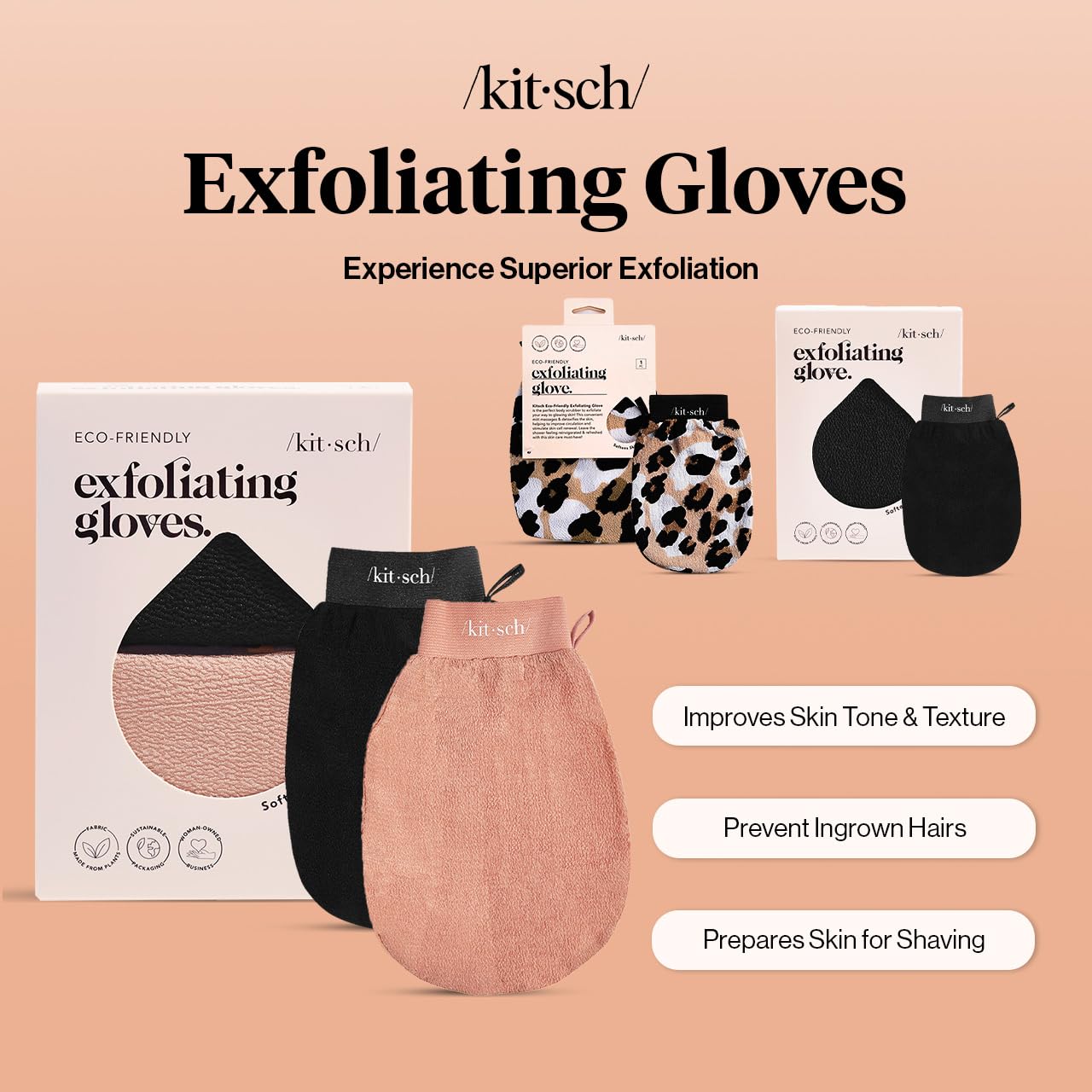Kitsch Exfoliating Gloves 2pc – At-Home Spa Shower Ritual for Smooth, Renewed Skin, Black & Terracotta
