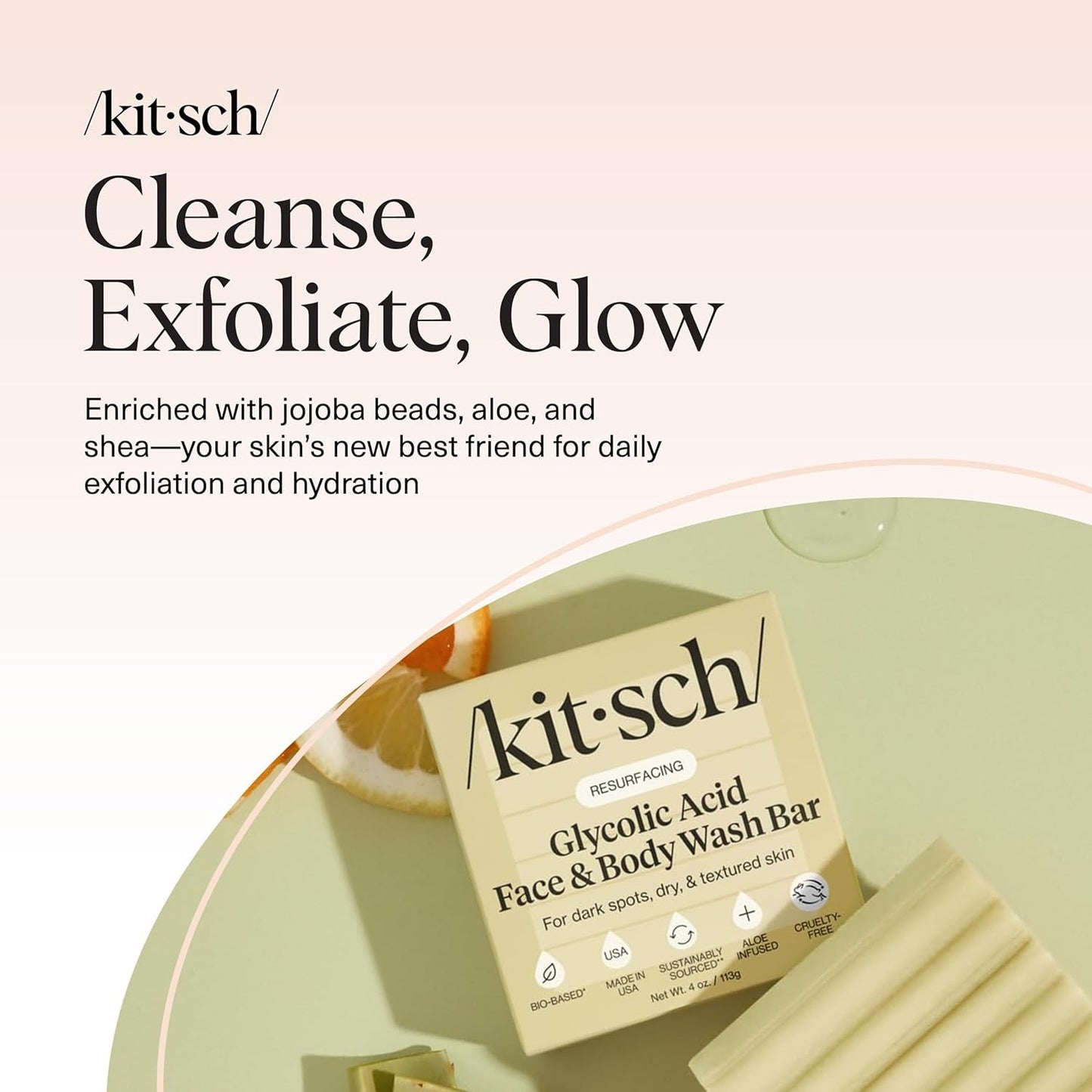 Kitsch Glycolic Acid Bar – Plastic-Free Face and Body Wash for the Clutter-Free Bathroom