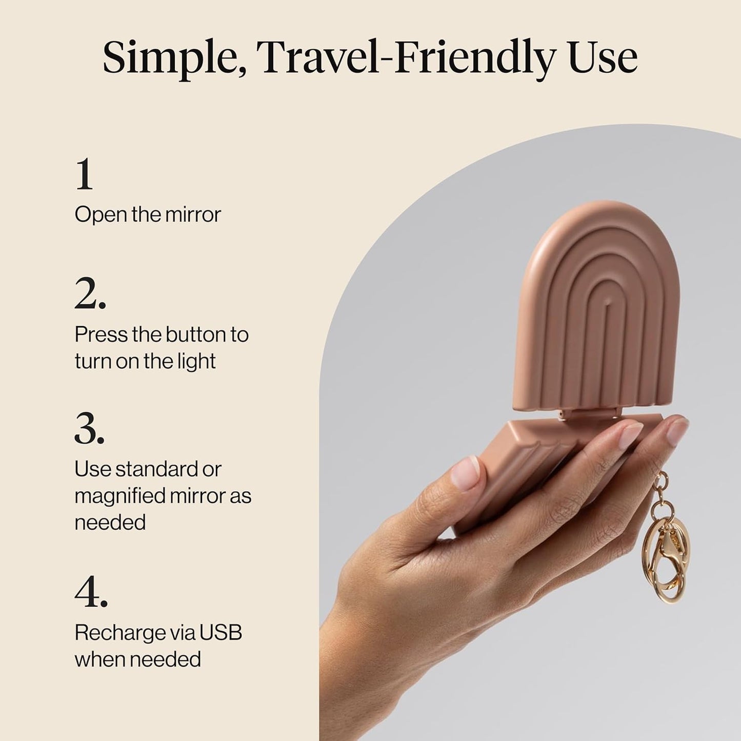 Kitsch Lighted Travel Mirror – Outdoor Picnic and Patio Touch-Up Companion, USB-Rechargeable Keychain Compact