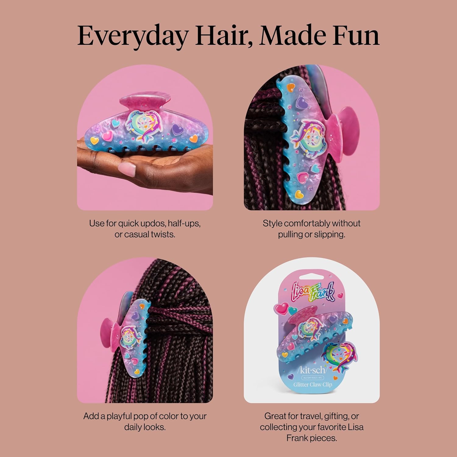 Kitsch Lisa Frank Dancing Dolphins Hair Clip for Girls – Fun Sparkly Accessory for Tween Bedrooms and Sleepovers