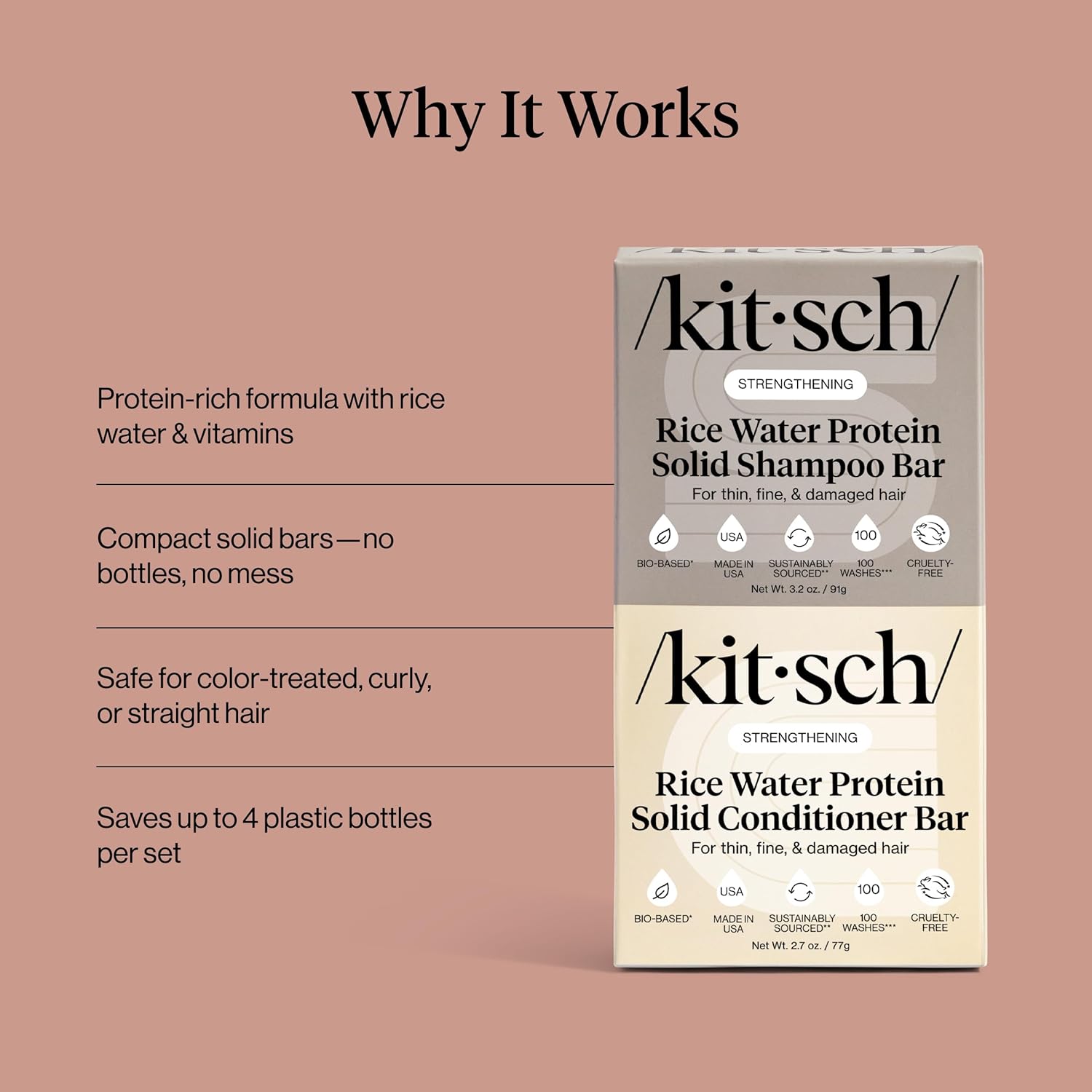 Kitsch Rice Water Protein Solid Shampoo and Conditioner Set – Thoughtful Birthday Gift for Her, Clean Beauty Travel Duo
