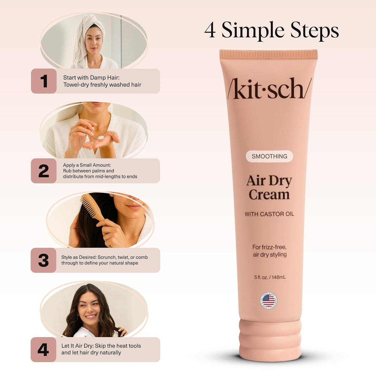 Kitsch Smoothing Air Dry Cream – Daily Self-Care Ritual for Curly Hair, Coconut Oil Hydrating Cream