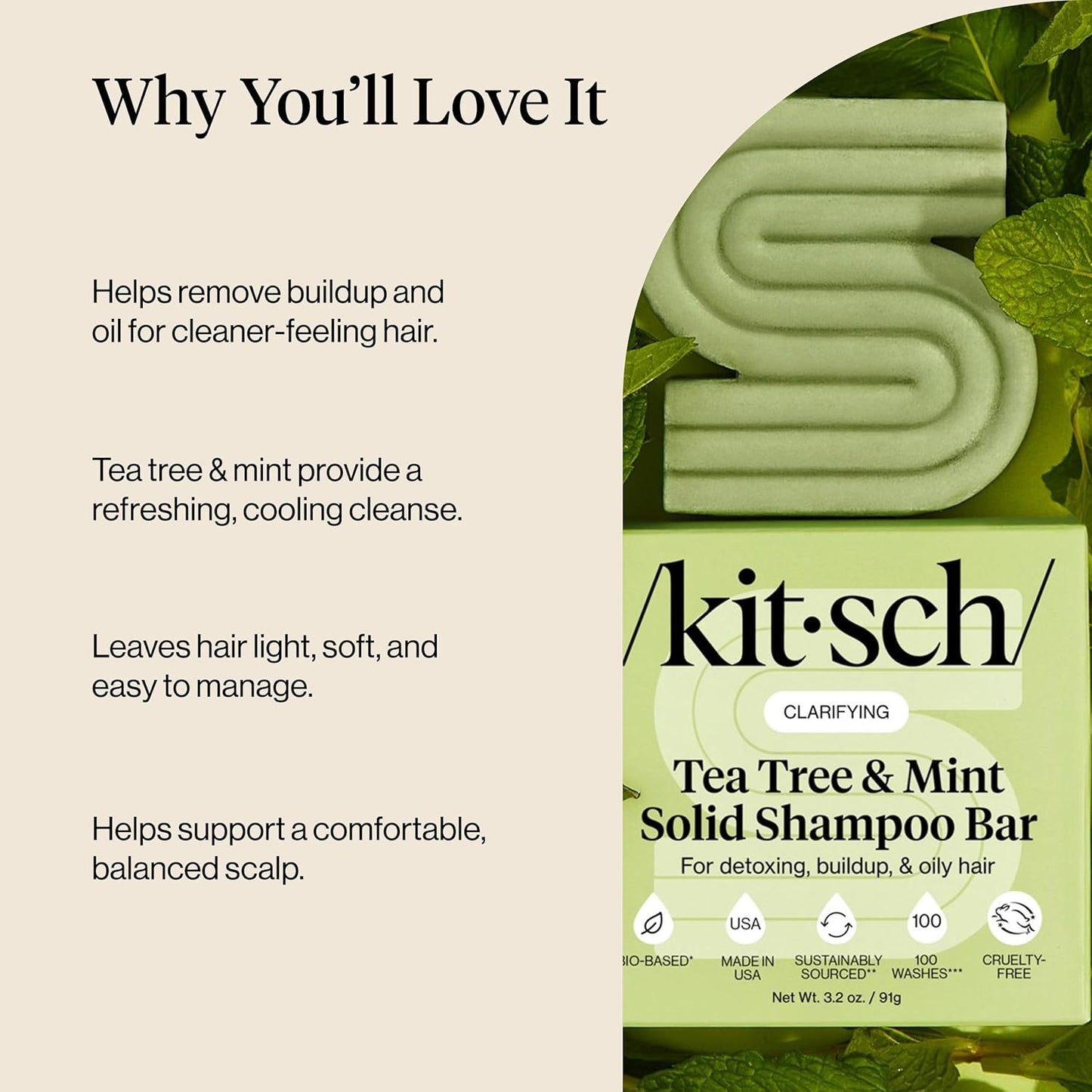 Kitsch Tea Tree Shampoo Bar – Minimalist Bathroom Staple, Replaces Two Plastic Bottles