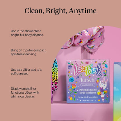 Kitsch x Lisa Frank Dancing Dreams Body Wash Bar – Evening Wind-Down Shower Essential, Shea Butter Moisturizing Exfoliating Cleanser