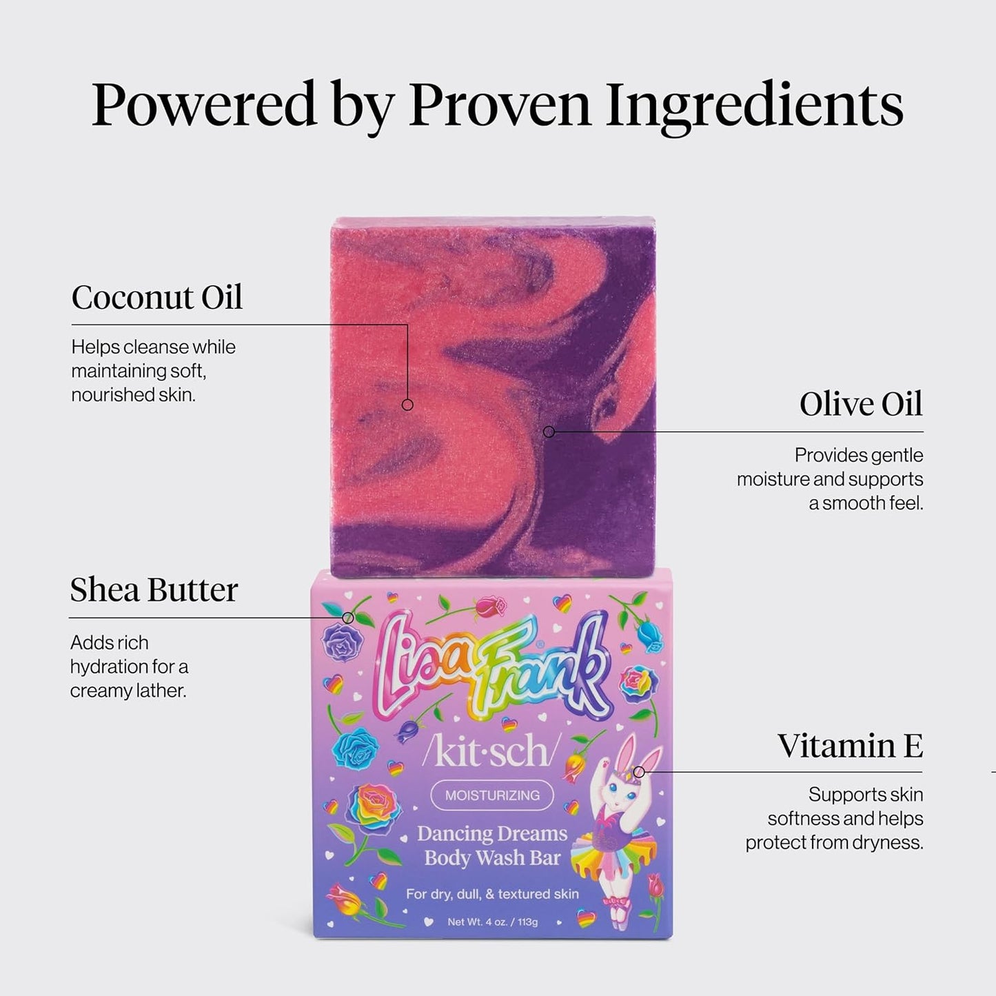Kitsch x Lisa Frank Dancing Dreams Body Wash Bar – Evening Wind-Down Shower Essential, Shea Butter Moisturizing Exfoliating Cleanser