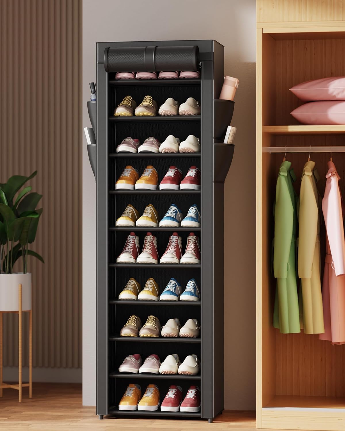 Kitsure Vertical Shoe Tower – Simple Closet Storage for Small Apartments, Neutral Black Finish