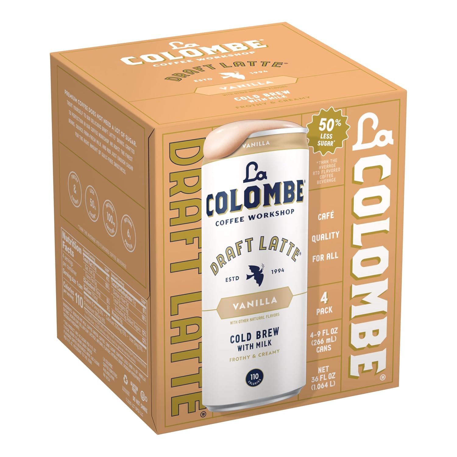 La Colombe Vanilla Draft Latte - Pre-Chilled 9oz 4-Pack for Office Desk and Morning Commute, 115mg Caffeine for Focused Workdays