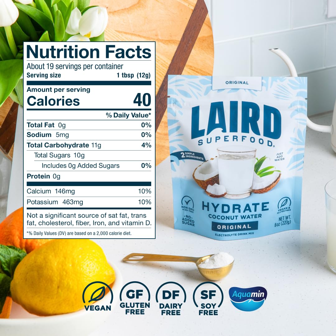 Laird Superfood HYDRATE Coconut Water Powder for Morning Hydration Ritual, Clean-Label Daily Wellness Drink