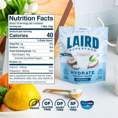Laird Superfood HYDRATE Coconut Water Powder for Morning Hydration Ritual, Clean-Label Daily Wellness Drink
