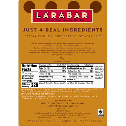 Larabar Peanut Butter Chocolate Chip – Lunchbox-Safe Snack for School and Backpack Days, No-Mess Individually Wrapped Bar