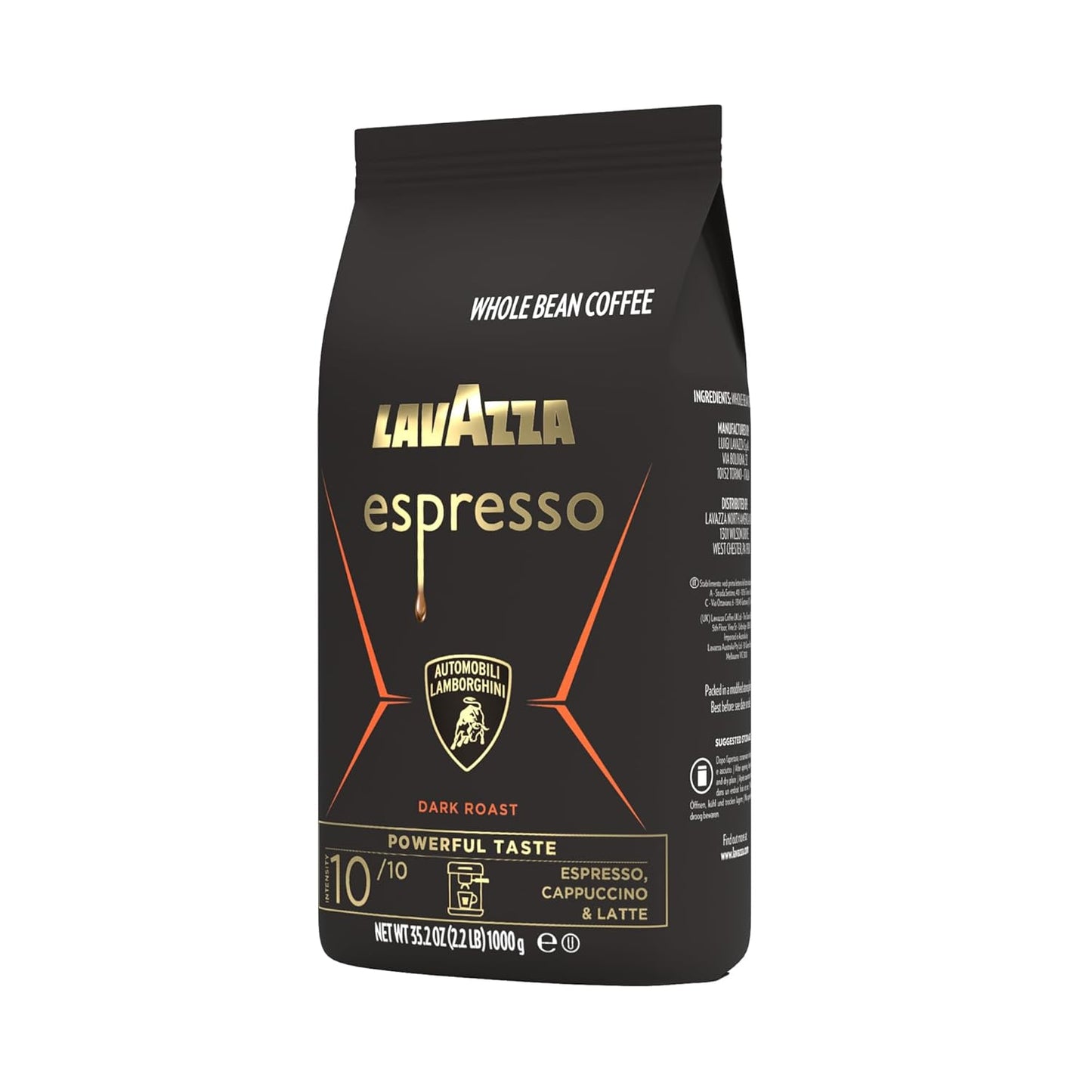 Lavazza Espresso Whole Bean for Automobili Lamborghini, Dark Roast Arabica Robusta Blend, 2.2 lb Bag for the Premium Home Barista Counter