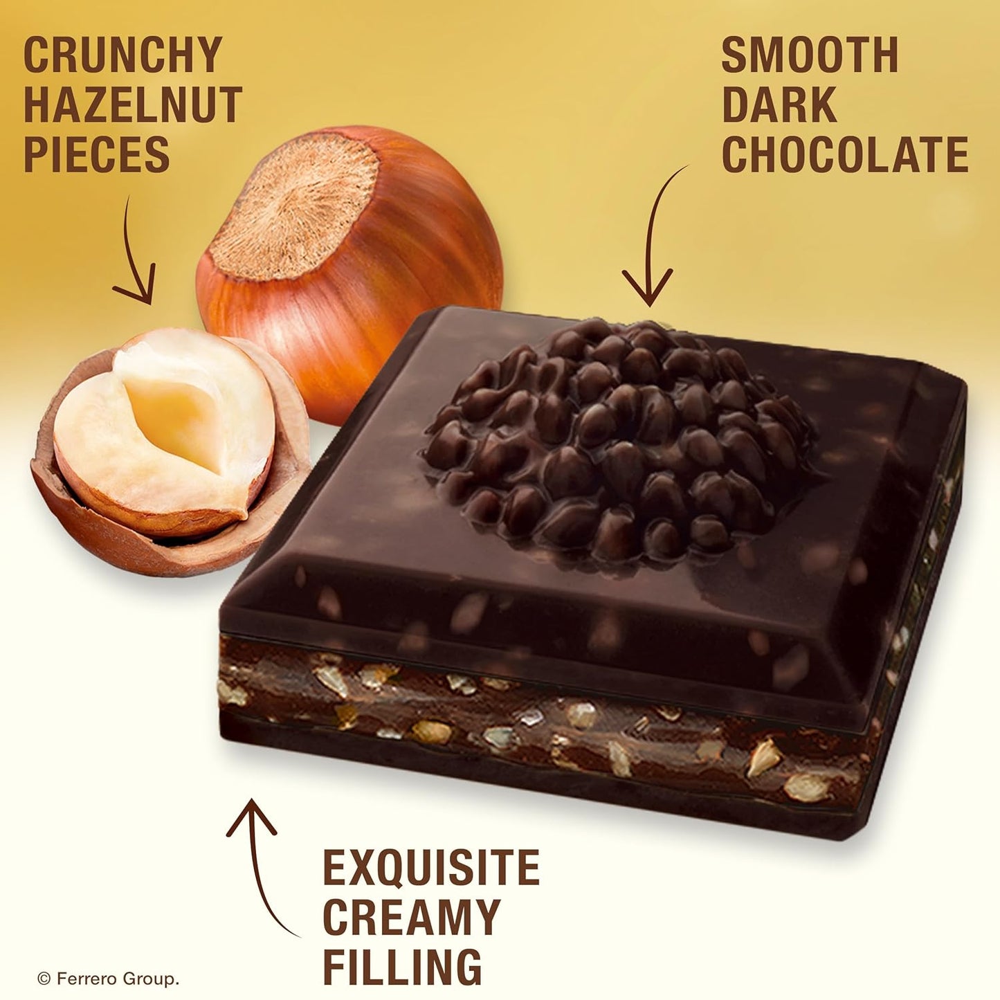 layered structure with crunchy hazelnut pieces embedded in chocolate