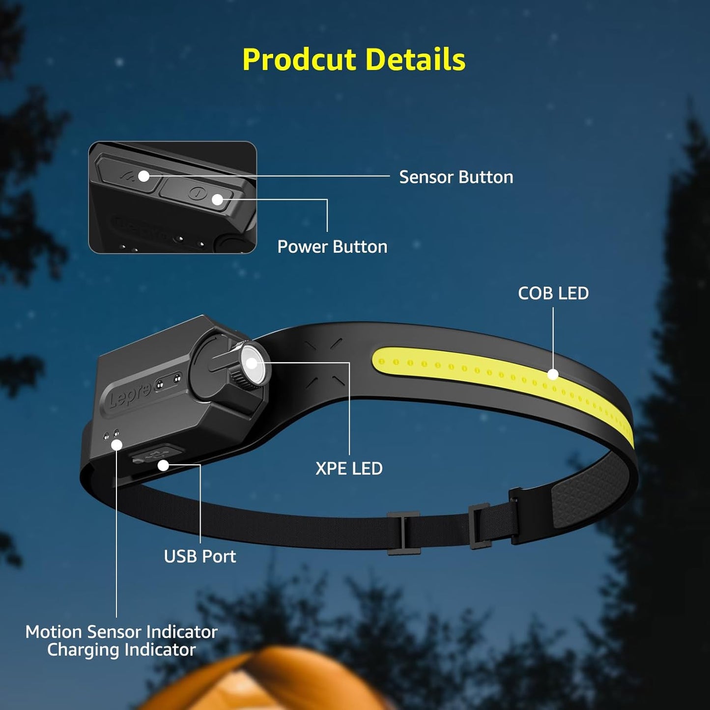 Lepro Rechargeable Head Lamp with Motion Sensor for Night Fishing, Caving and Backcountry Camping