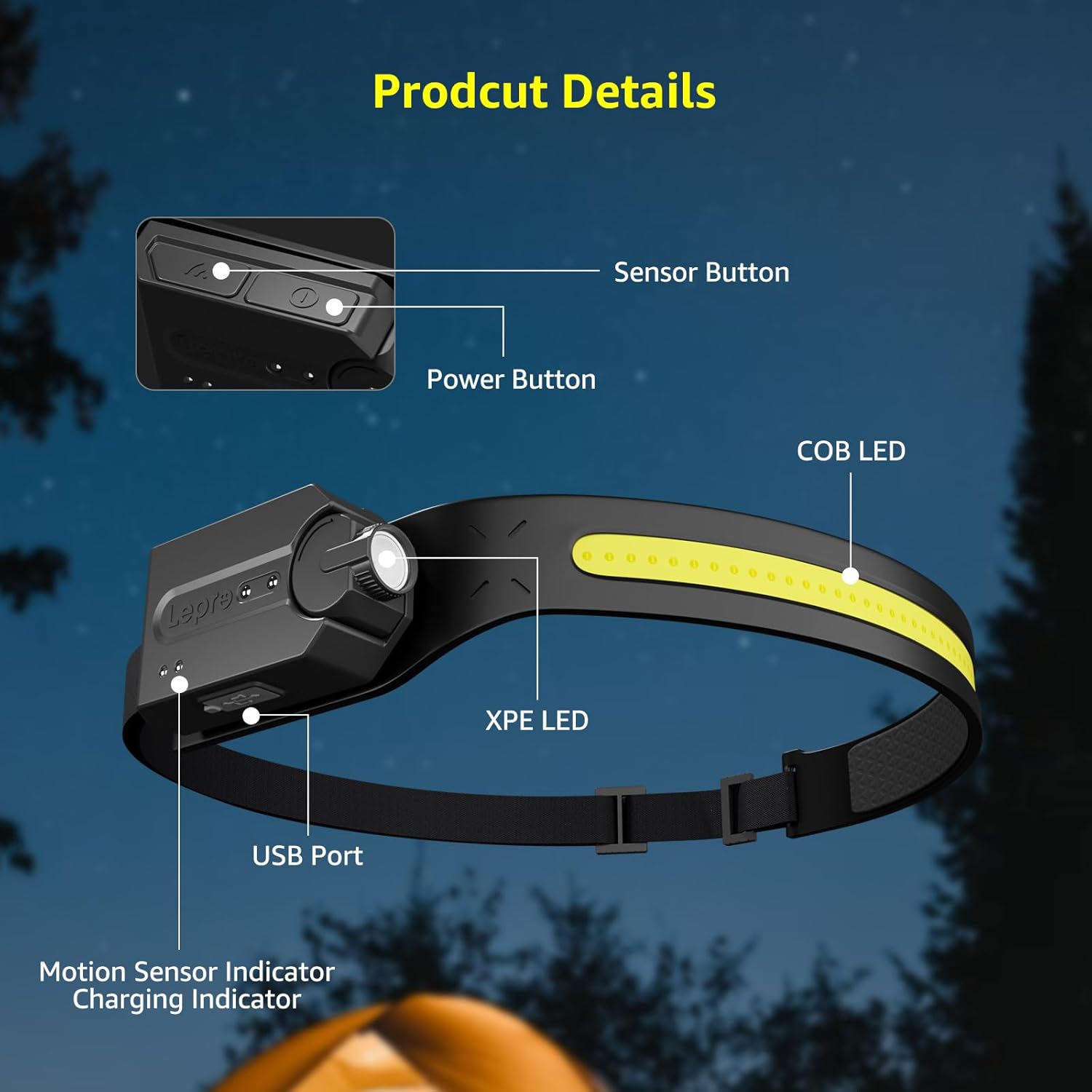 Lepro Rechargeable Head Lamp with Motion Sensor for Night Fishing, Caving and Backcountry Camping