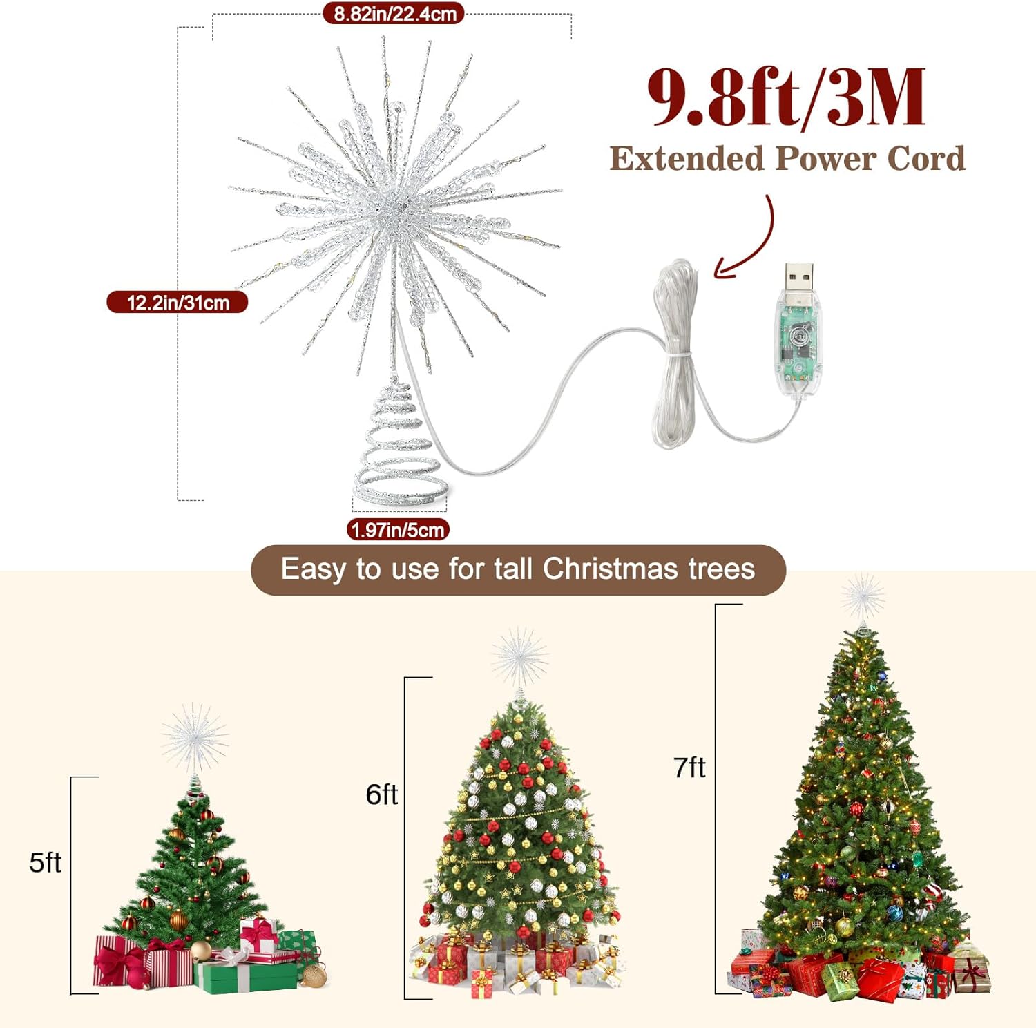 Lewondr Snowflake Tree Topper – Premium Designer Christmas Decor, Crystal Glittered LED Xmas Topper with 8 Lighting Modes