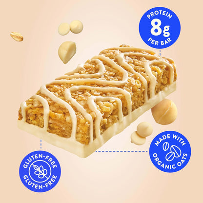 light, crispy rice-style texture dipped in creamy white chocolate-macadamia coating
