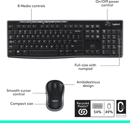 Logitech MK270 Wireless Keyboard and Mouse Combo, Family Safe Spill Resistant Typing for Shared Desks