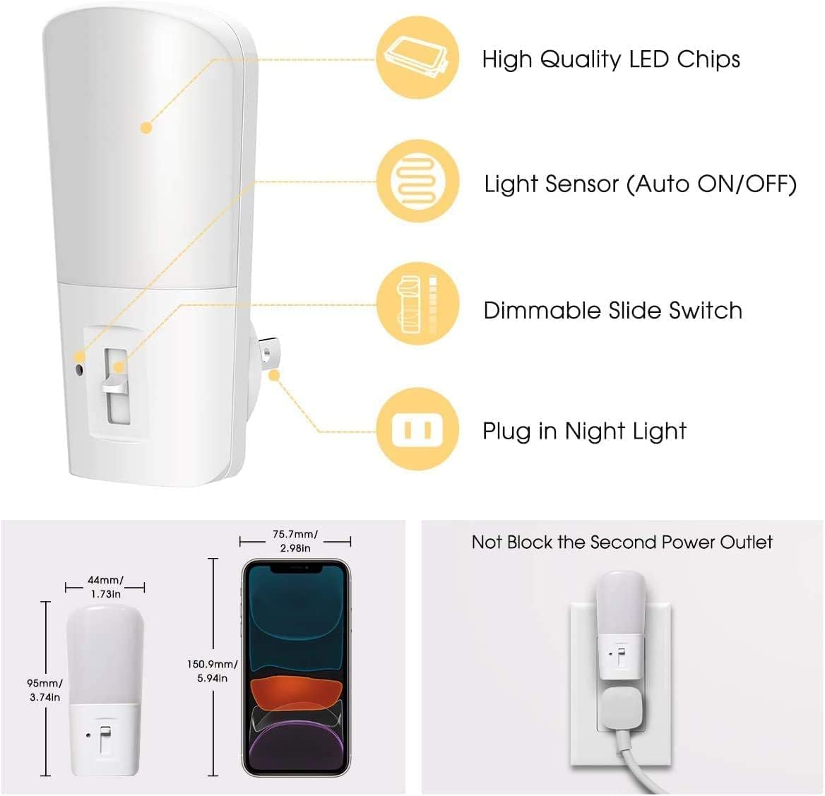 LOHAS Compact Plug in Night Light, Sleek Mini LED for Clean Modern Bedrooms and Hallways, 2 Pack