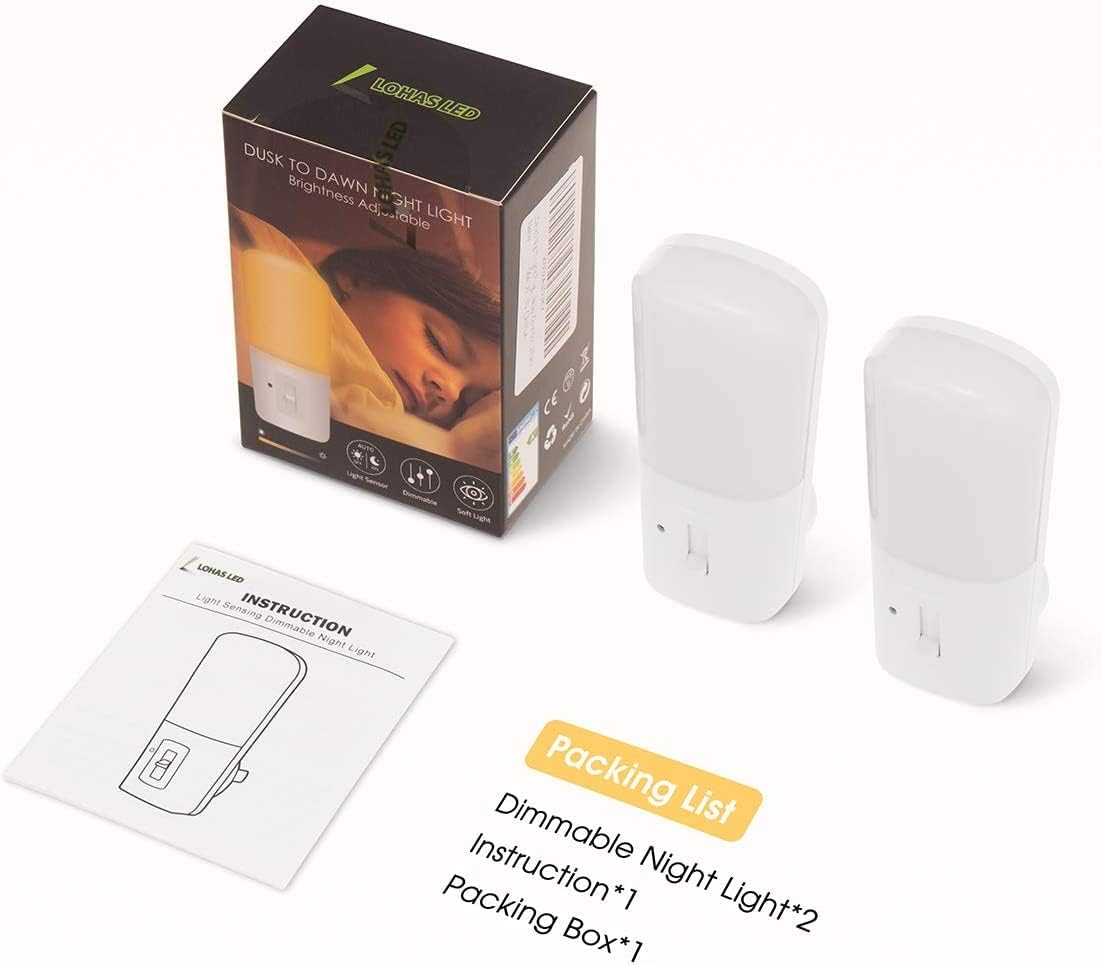 LOHAS Compact Plug in Night Light, Sleek Mini LED for Clean Modern Bedrooms and Hallways, 2 Pack