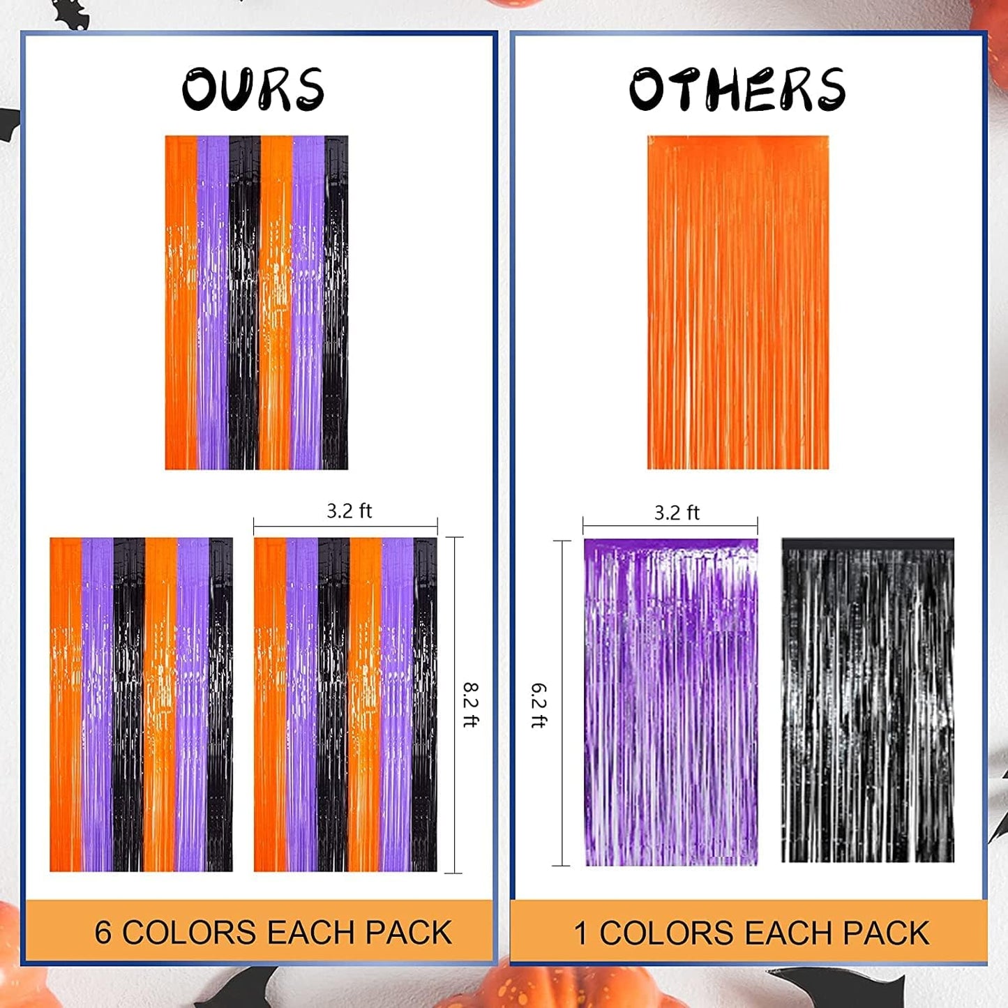 LOLStar 3 Pack Metallic Foil Curtain Set – Bedroom Doorway Accent Decor, Shiny Orange Purple Black Fringe for Seasonal Home Styling