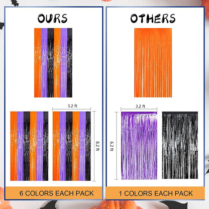 LOLStar 3 Pack Metallic Foil Curtain Set – Bedroom Doorway Accent Decor, Shiny Orange Purple Black Fringe for Seasonal Home Styling