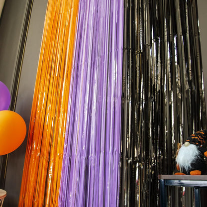 LOLStar 3 Pack Metallic Foil Curtain Set – Bedroom Doorway Accent Decor, Shiny Orange Purple Black Fringe for Seasonal Home Styling