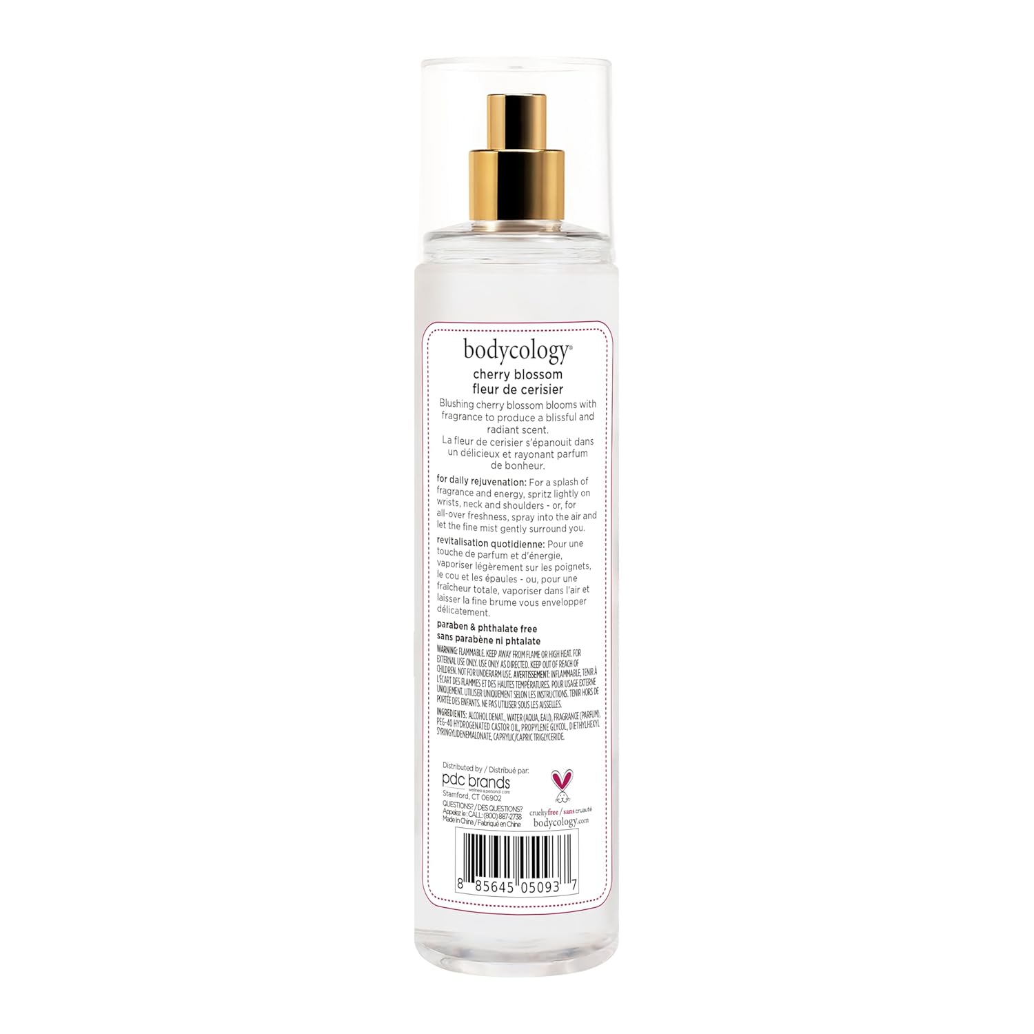long-lasting body mist formulation with top, middle, and base notes (cherry blossom, peach, patchouli musk, vanilla)