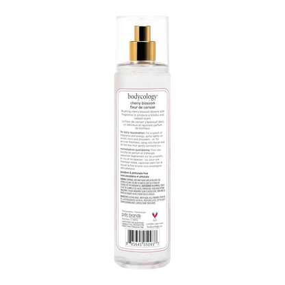 long-lasting body mist formulation with top, middle, and base notes (cherry blossom, peach, patchouli musk, vanilla)