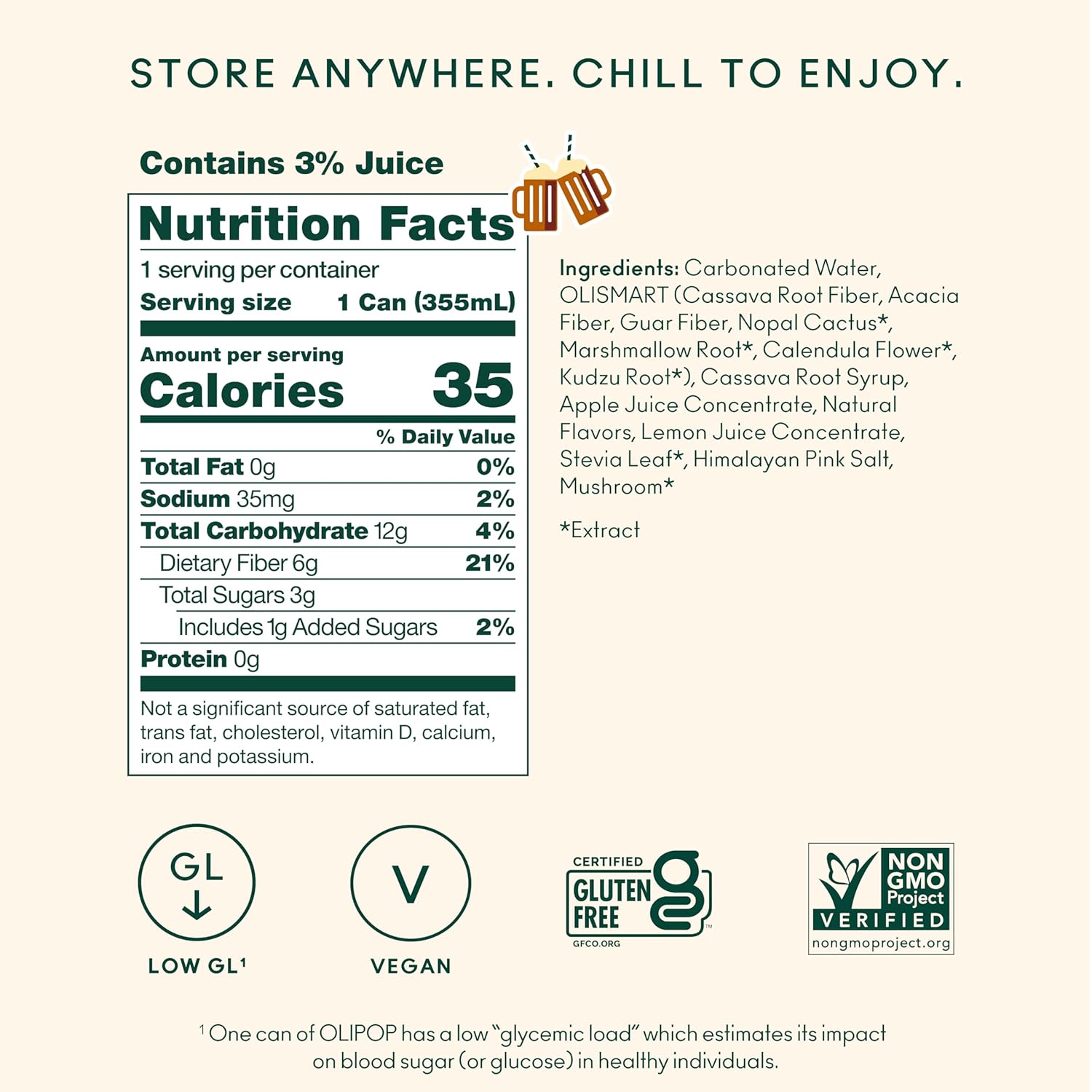 low sugar content of 2-5g per can sweetened with cassava root syrup and stevia leaf