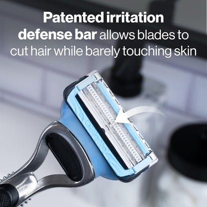 lubrication strip placed both before and after the blades for glide and comfort