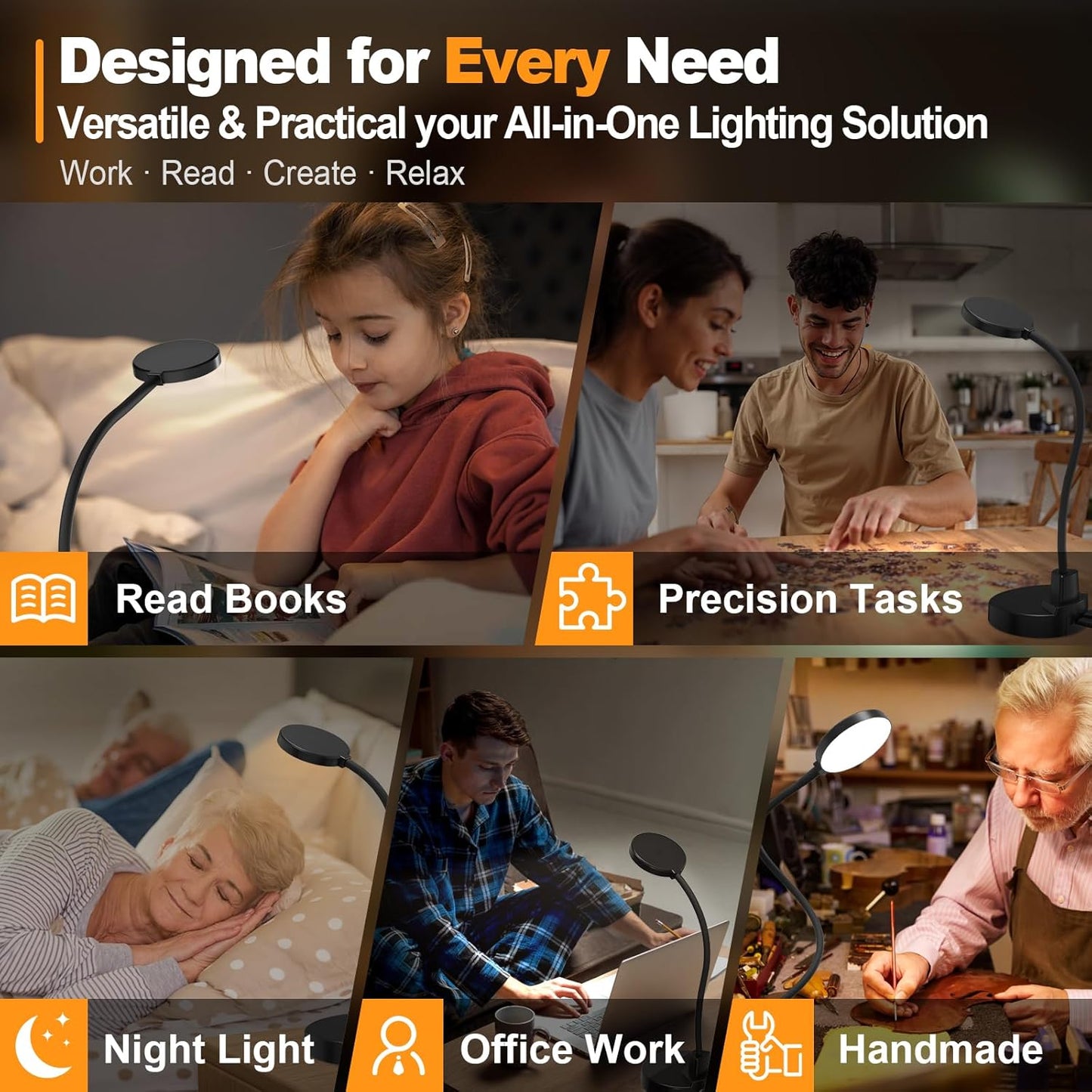 LUMINOAK WorkFlow Desk Light – Study & Remote Work Lamp with Eye-Caring LEDs, 5 Brightness Levels, and Dual USB Charger