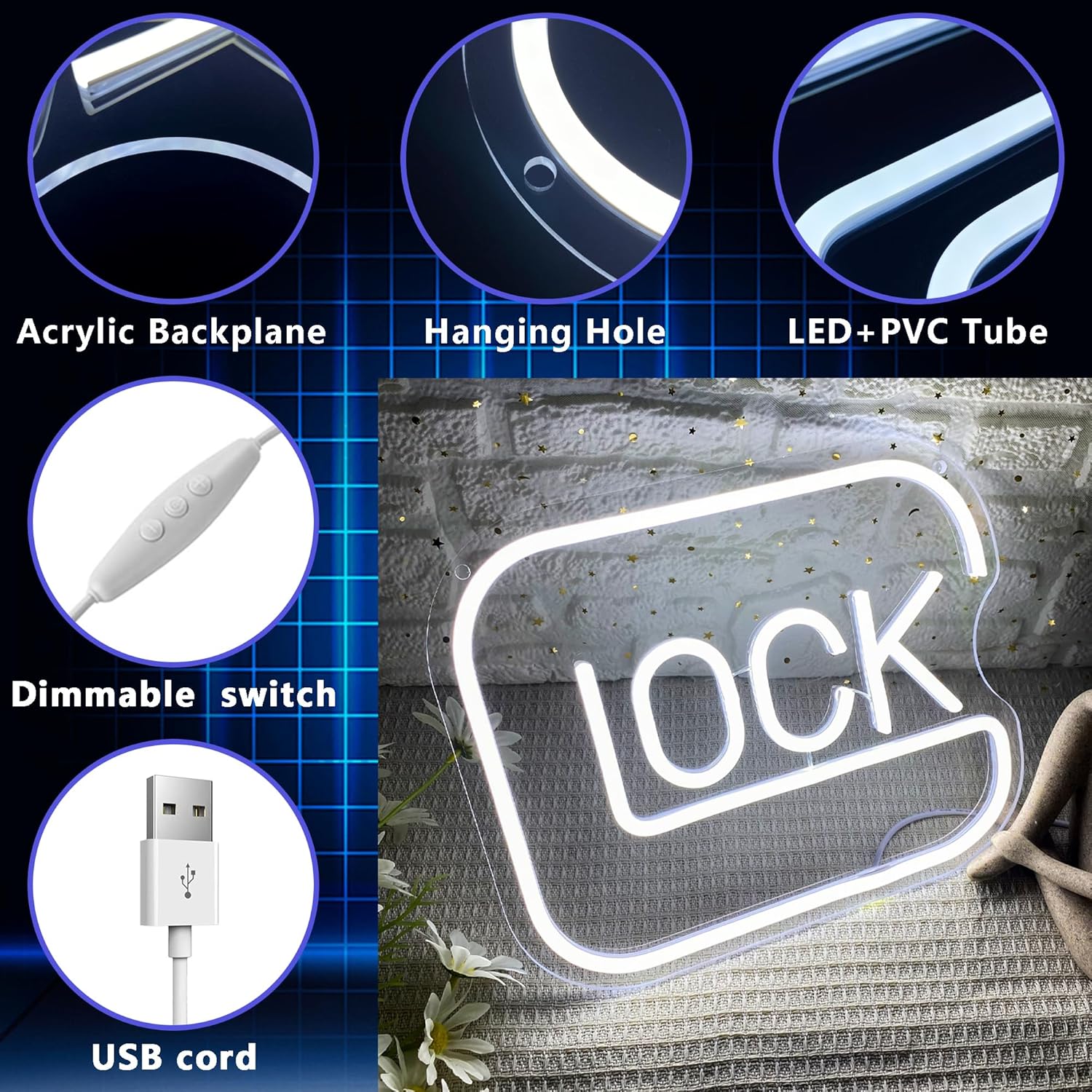 LUMIORA Lock Neon Light – Living Room Statement Piece, USB Powered Wall Decor for Cozy Home Atmosphere