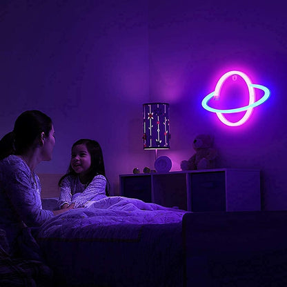 Lumoonosity Planet Neon Light - Unique Housewarming Gift for Women and Mom, Blue Pink LED Wall Sign for Bedroom Decor, USB Powered Night Light with Switch