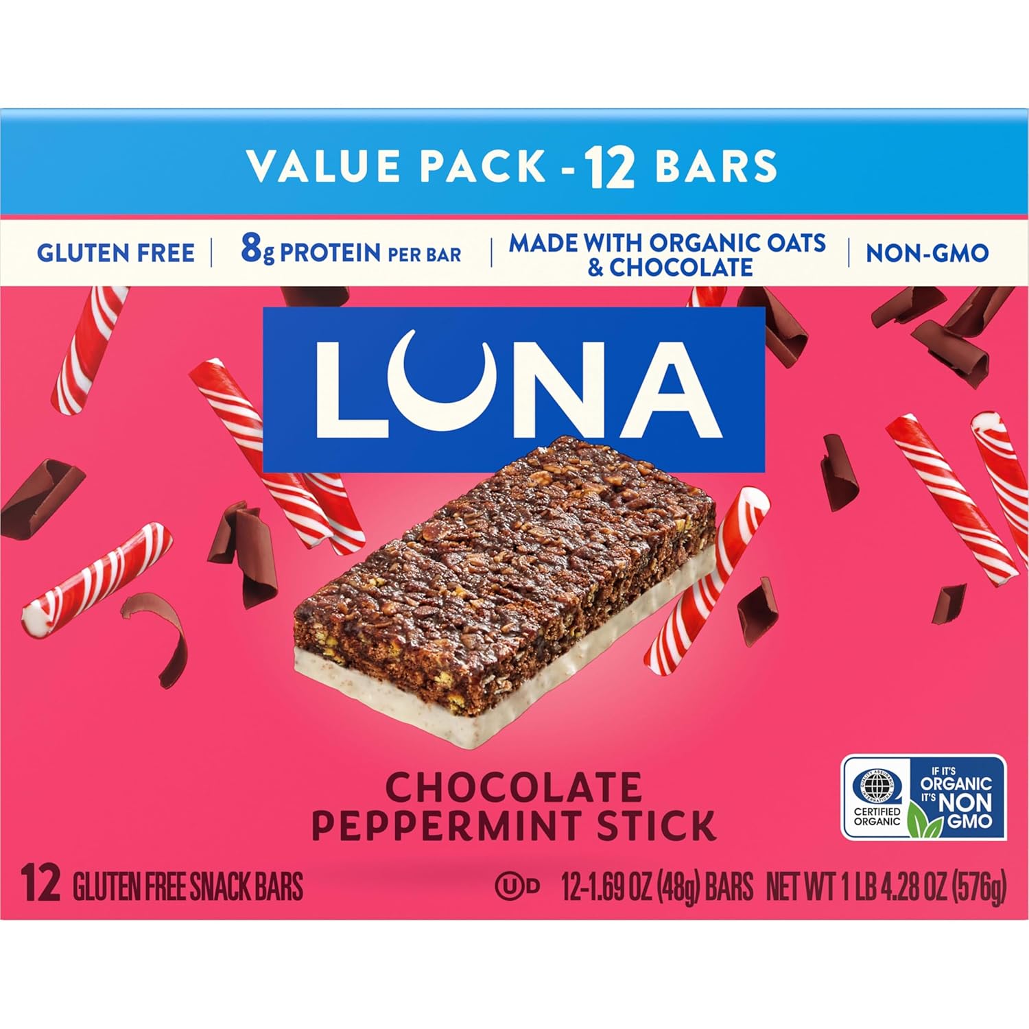 LUNA Bar Chocolate Peppermint Stick – Quick Desk Snack for Focused Workdays, Individually Wrapped Protein Bars 12 Pack