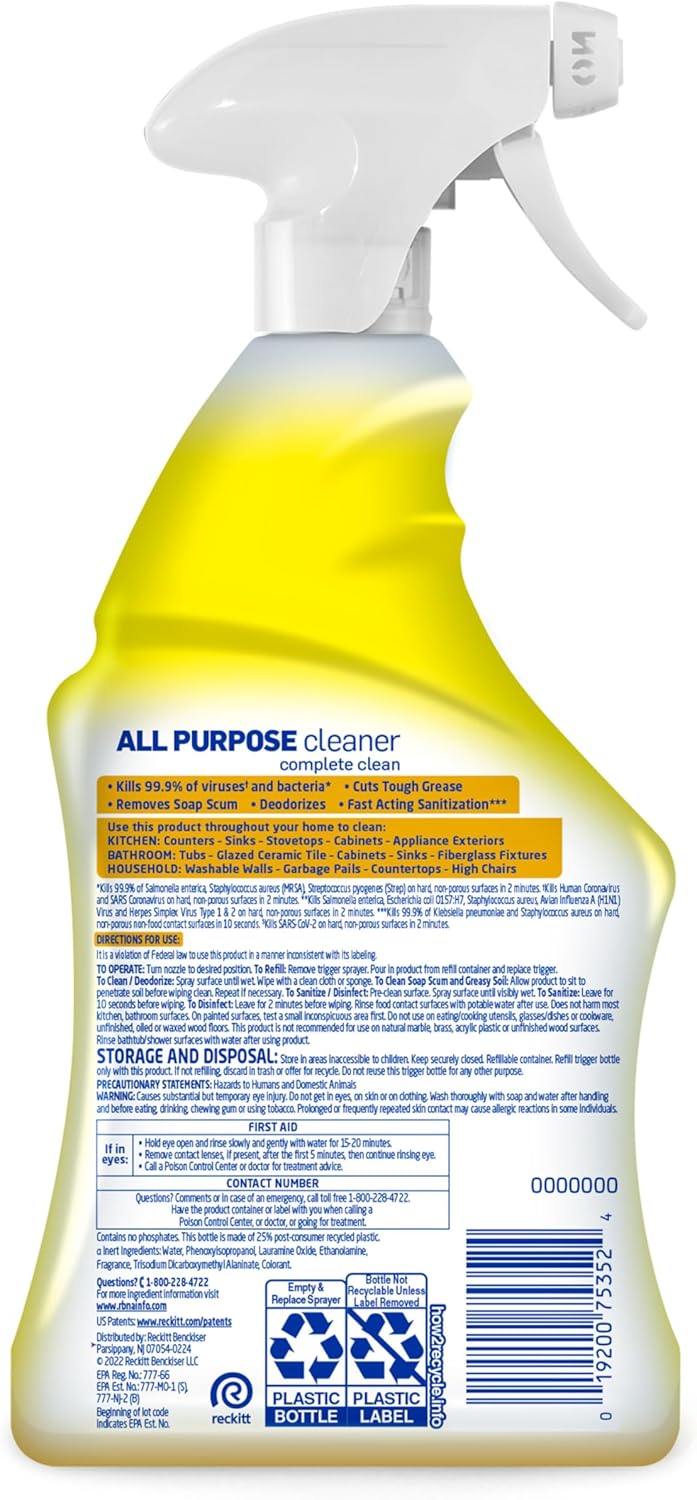Lysol All Purpose Cleaner Spray – Bleach-Free Disinfectant for High Chairs and Kid Surfaces, 32 Fl Oz