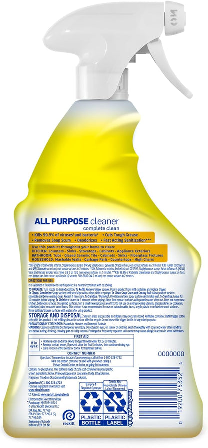 Lysol All Purpose Cleaner Spray – Bleach-Free Disinfectant for High Chairs and Kid Surfaces, 32 Fl Oz