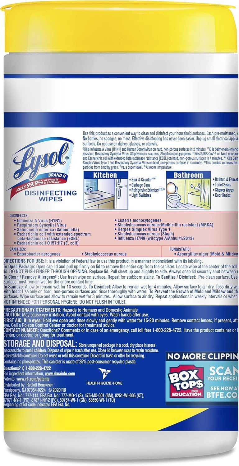 Lysol Disinfectant Wipes Multi-Surface Antibacterial Cleaning Wipes, Family-Safe Disinfecting for Kitchen Counters and Bathroom Surfaces Lemon and Lime Blossom 80 Count (Pack of 2)