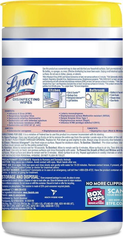 Lysol Disinfectant Wipes Multi-Surface Antibacterial Cleaning Wipes, Family-Safe Disinfecting for Kitchen Counters and Bathroom Surfaces Lemon and Lime Blossom 80 Count (Pack of 2)