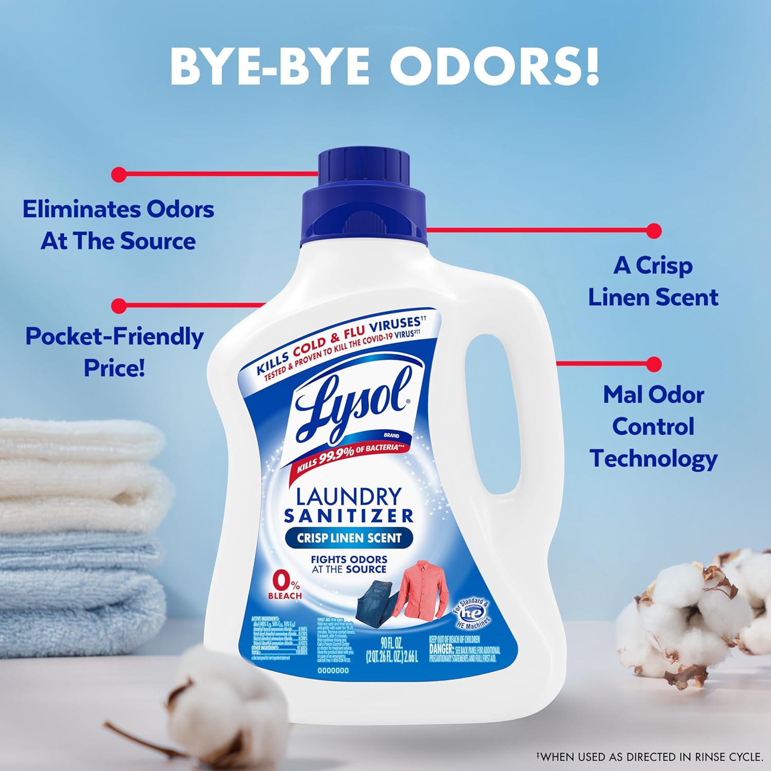 Lysol Laundry Sanitizer Additive for Kids Sports Uniforms and Nursery Linens, Bleach-Free 90oz