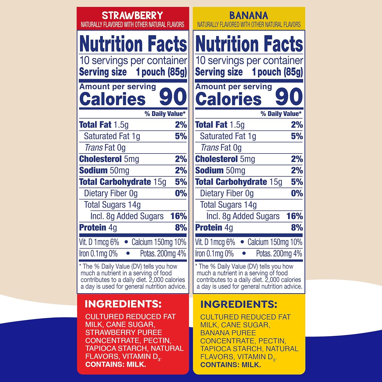 made from real low-fat cultured yogurt and real fruit puree (strawberry or banana concentrate)