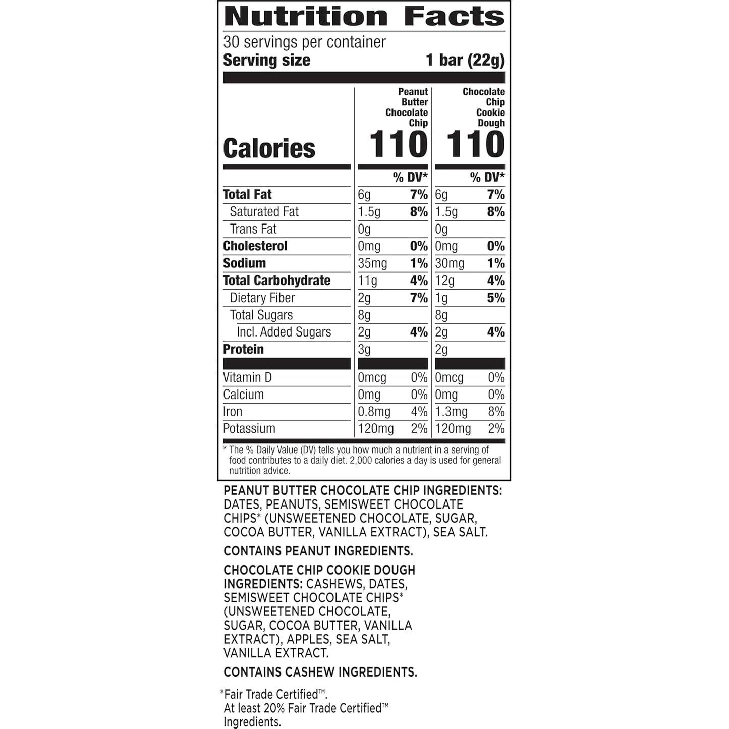 made with 3-5 real ingredients per bar: dates, nuts, semisweet chocolate chips, sea salt