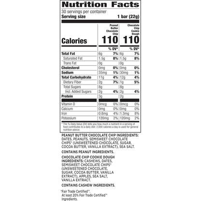 made with 3-5 real ingredients per bar: dates, nuts, semisweet chocolate chips, sea salt