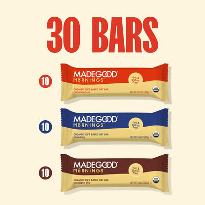 MadeGood Mornings Soft-Baked Oat Bars – Grab-and-Go Office Breakfast for Busy Workdays, 30-Count Variety Pack