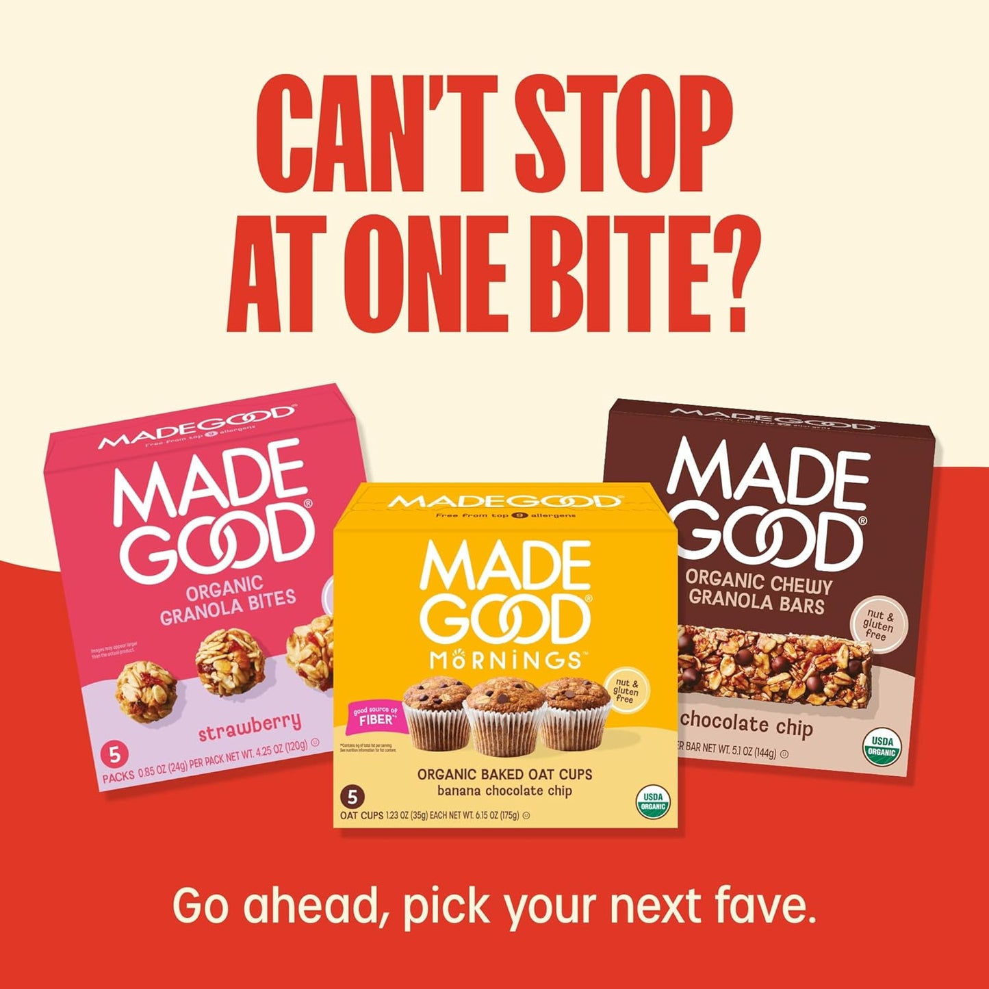 MadeGood Mornings Soft-Baked Oat Bars – Nut-Free Snack for School Lunchbox Variety Pack (30 Count)