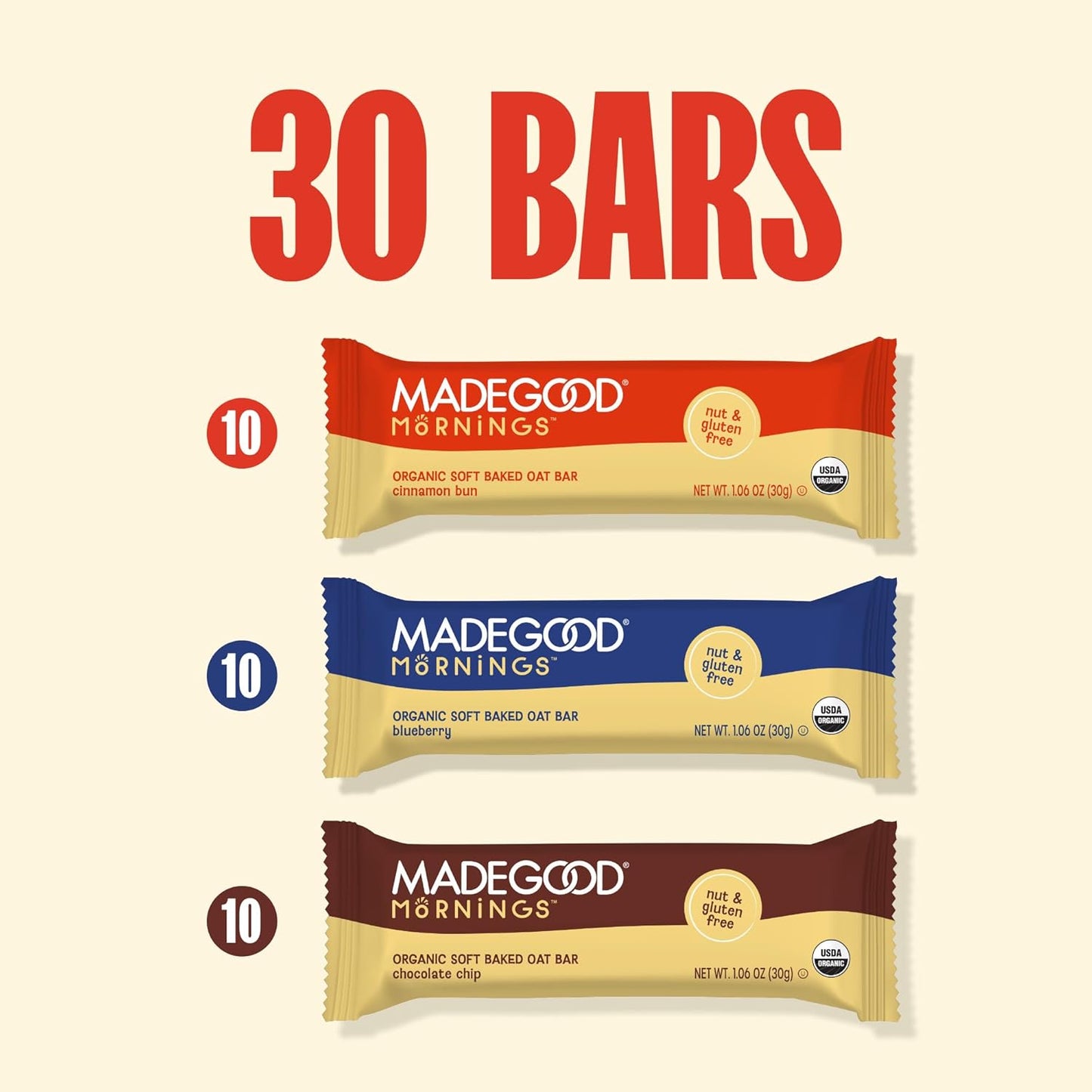 MadeGood Mornings Soft-Baked Oat Bars – Nut-Free Snack for School Lunchbox Variety Pack (30 Count)