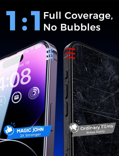 MAGIC JOHN 2 Pack iPhone 14 Pro Max Screen Protector Auto-Dust Install, Bubble-Free Tempered Glass for Worry-Free Daily Drop Protection