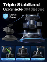 MAGIC JOHN Car Phone Holder for Windshield, Military-Grade Metal Phone Mount for Safe Hands-Free Driving on Bumpy Roads