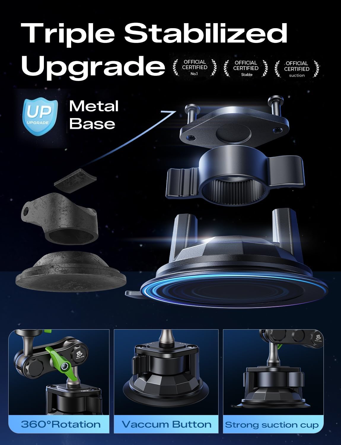 MAGIC JOHN Car Phone Holder for Windshield, Military-Grade Metal Phone Mount for Safe Hands-Free Driving on Bumpy Roads