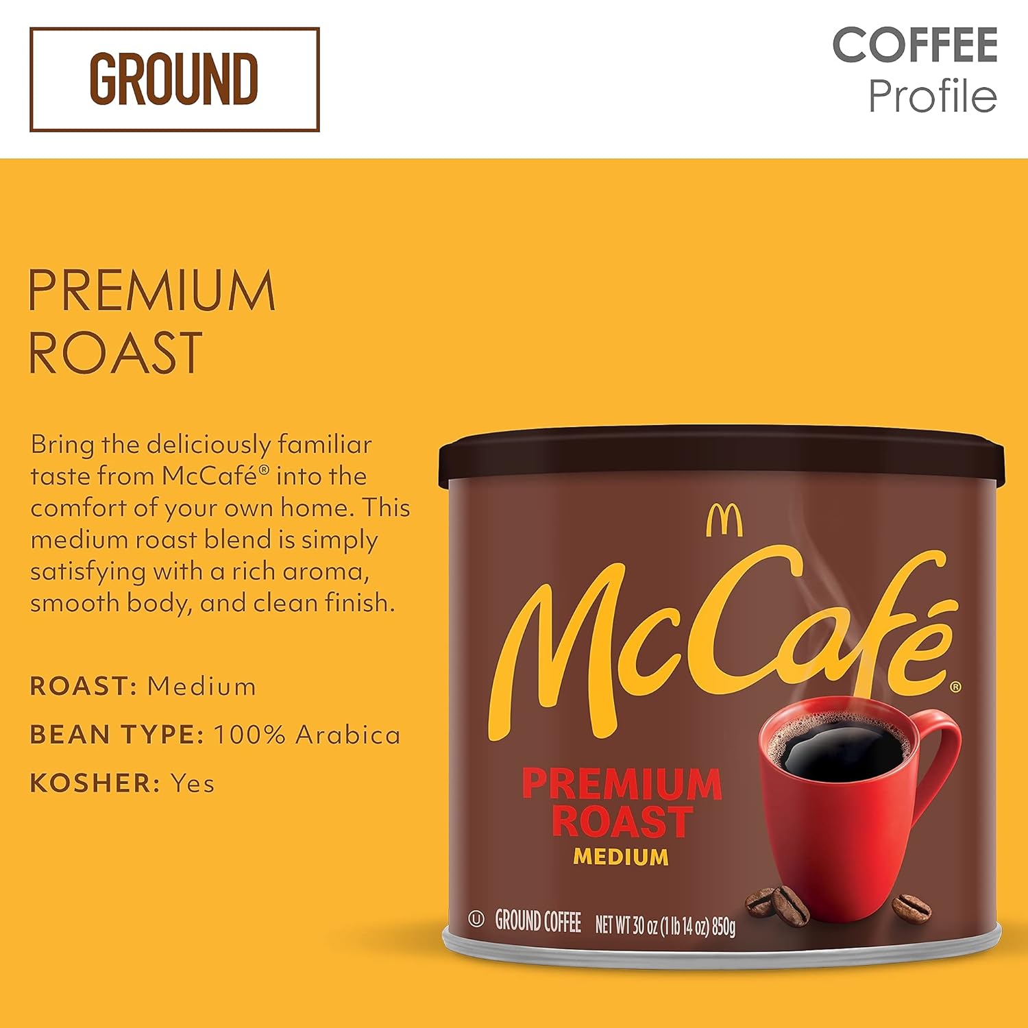 McCafe Premium Roast Medium Roast Ground Coffee 30 oz Canister – Home Office Brew for Focused Workday Mornings