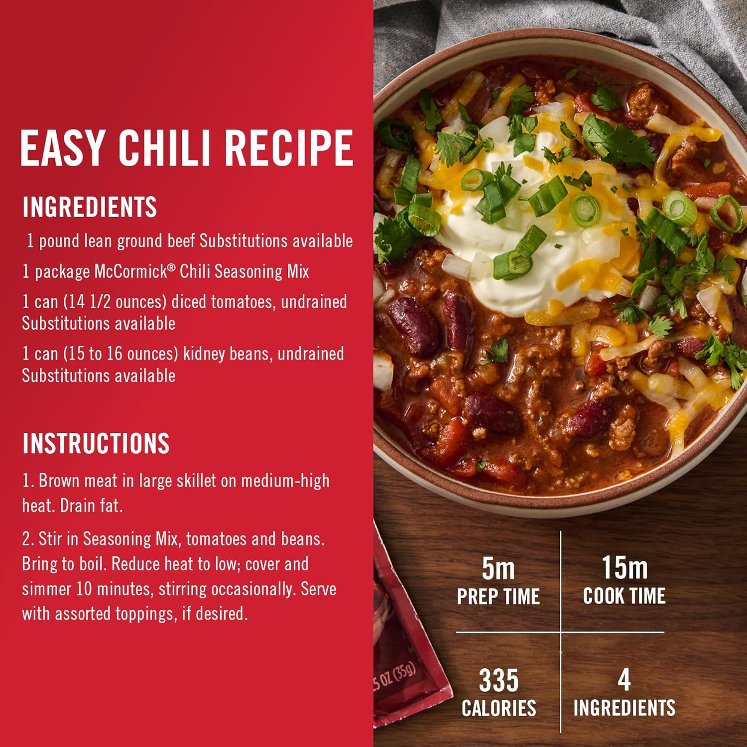McCormick Original Chili Seasoning Mix for Quick Weeknight Family Dinners, 1.25 oz Packet